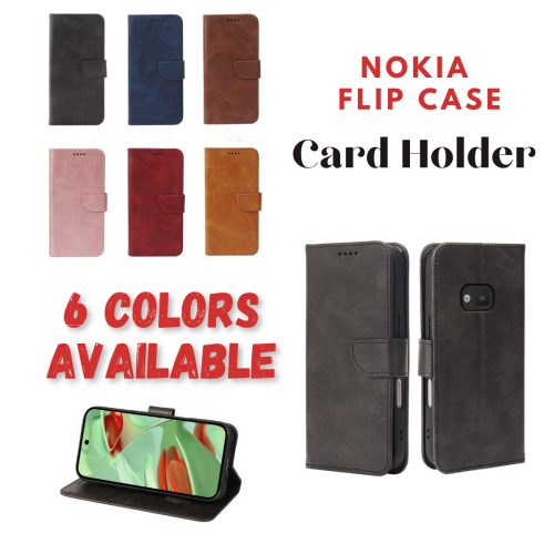 Front and back overview of leather flip wallet case compatible with Nokia