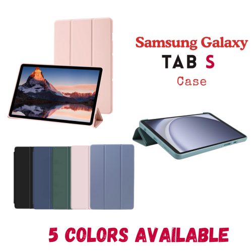 Tri-fold smart folio stand case compatible with Samsung Galaxy Tab shown in pink standing upright