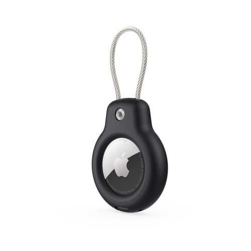 For Apple Airtag Secure Holder Solid Color Lock Case PC Key Ring with Wire Cable (176303363404) in Black