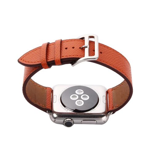 Flat lay display of leather replacement watch band compatible with Apple Watch